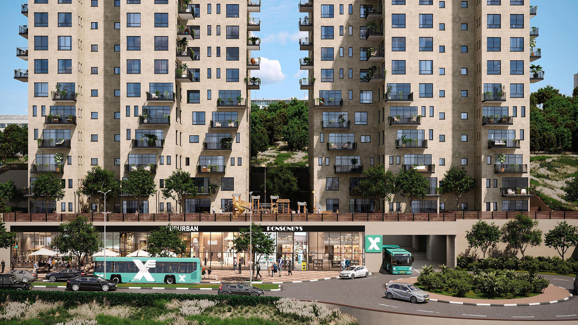 הדמיית פרוייקט דרך חיים מגדלי מגורים מעל חניון אגד בעיר בית שמש