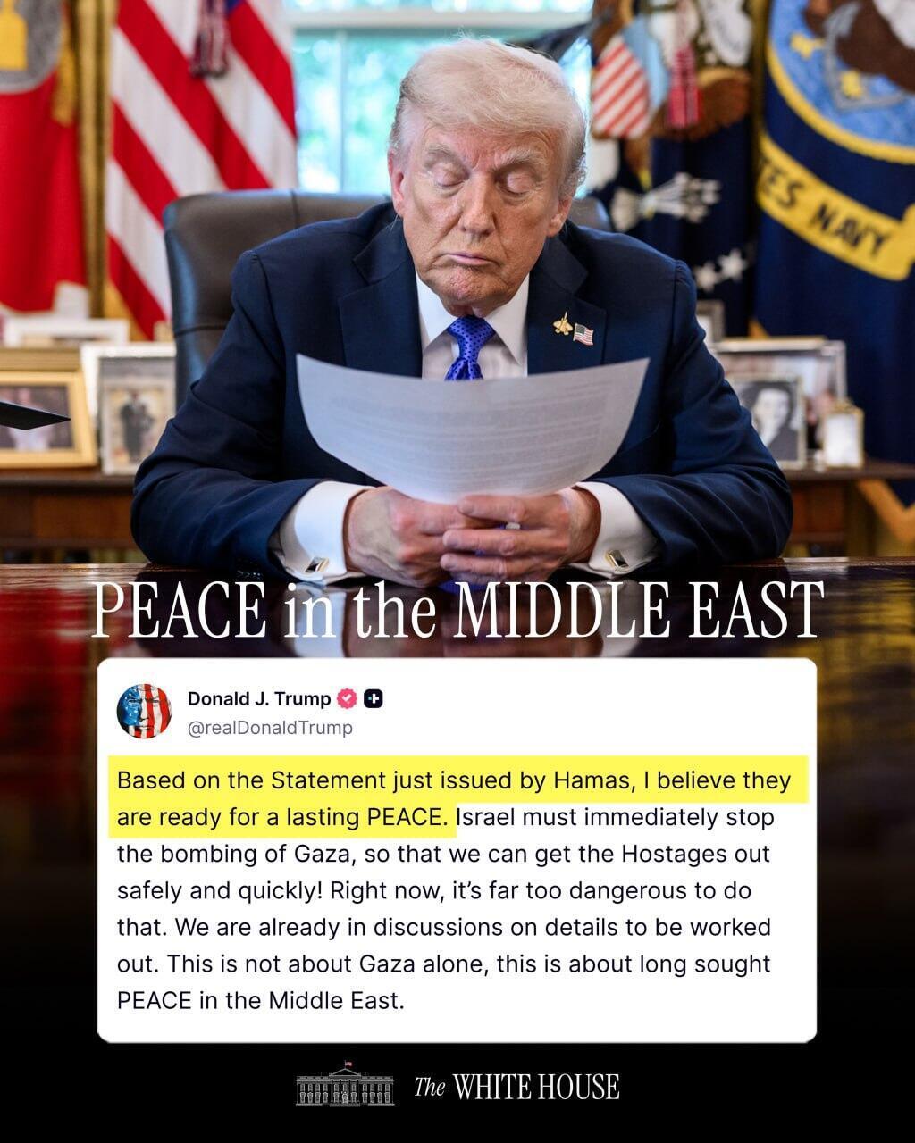 The White House הודעת הבית הלבן דונלד טראמפ בעקבות תשובת חמאס 4.10.25