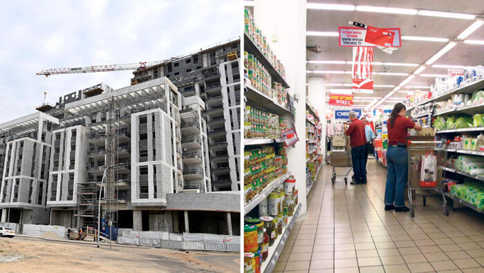 קניות בסופרמרקט לצד פרויקט בנייה מחירים אינפלציה מדד המחירים לצרכן יוקר המחיה