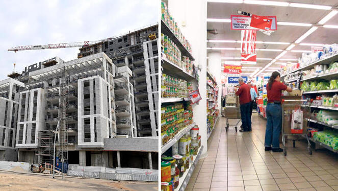 קניות בסופרמרקט לצד פרויקט בנייה מחירים אינפלציה מדד המחירים לצרכן יוקר המחיה