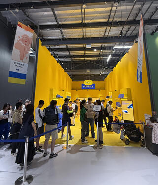 צילומים: ורד פלוק 2. הביתן האוקראיני. הנגיעה הפוליטית היחידה: צבעי הדגל שימשו לעיצוב סניף דמוי איקאה, עם שלטי "לא למכירה"