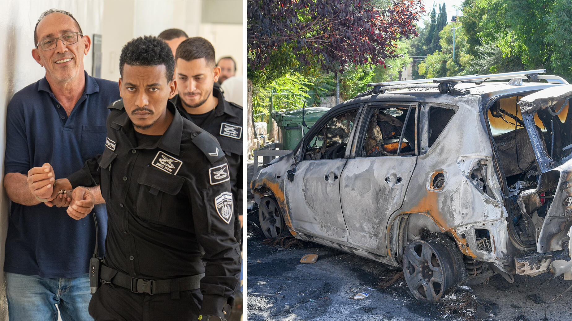 הרכב שנשרף בעקבות הצתת הפחים סמוך למעון ראש הממשלה ו עמוס דורון אחד החשודים בהצתה מובל להארכת מעצר