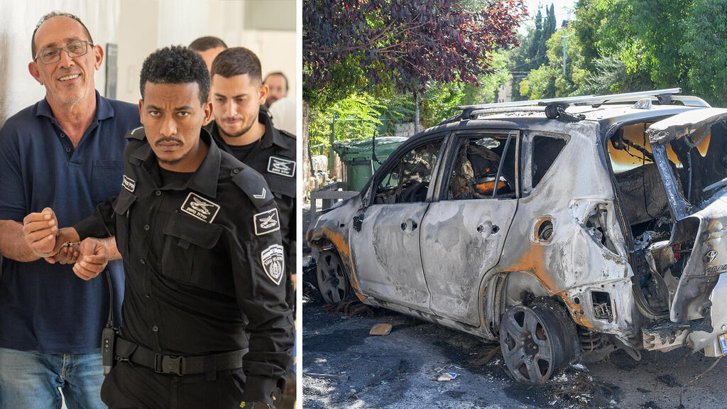 הרכב שנשרף בעקבות הצתת הפחים סמוך למעון ראש הממשלה ועמוס דורון אחד החשודים בהצתה מובל להארכת מעצר (צילומים: רפי קוץ, שלו שלום) הרכב שנשרף בעקבות הצתת הפחים סמוך למעון ראש הממשלה ו עמוס דורון אחד החשודים בהצתה מובל להארכת מעצר