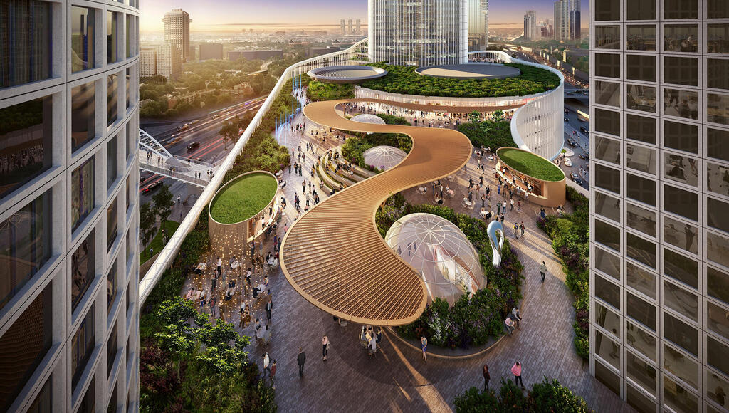 הדמיית גג ירוק במגדל הספירלה במגדלי עזריאלי (הדמיה: Kpf architects) מגזין נדל"ן 2025 - הדמיית גג ירוק ב מגדל הספירלה מגדלי עזריאלי