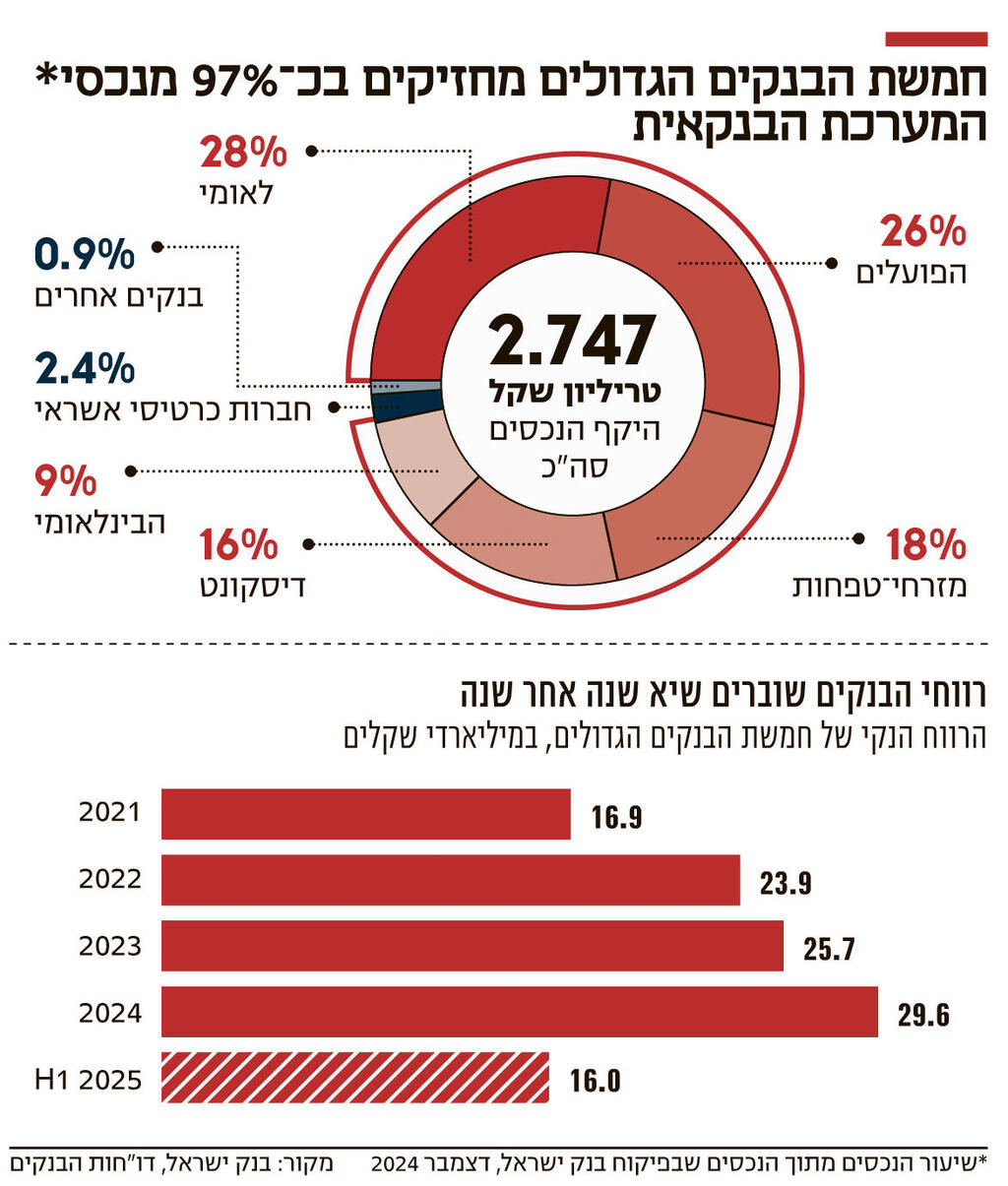 אינפו חמשת הבנקים הגדולים מחזיקים בכ־ 97% מנכסי המערכת הבנקאית