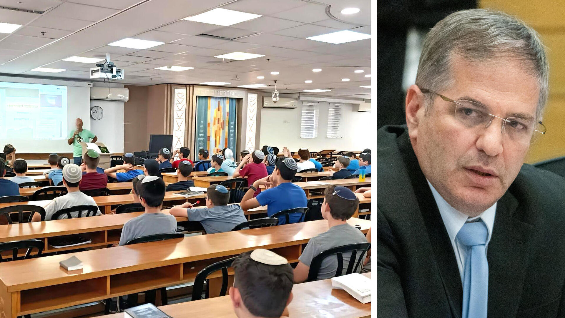 שר החינוך יואב קיש לצד תלמידים כיתה ב חינוך ממלכתי דתי