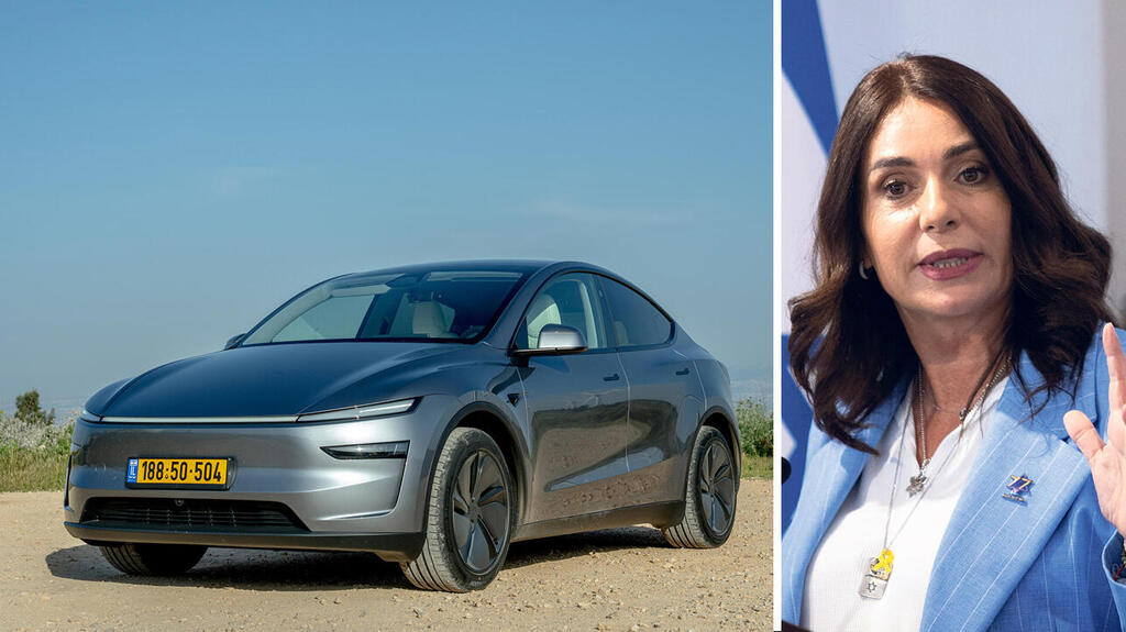 מירי רגב לצד מכונית טסלה (צילומים: אלכס קולומויסקי, אריק מרמור) מירי רגב רכב טסלה