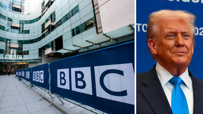 מימין  דונלד טראמפ ו מטה רשות השידור הבריטית BBC לונדון