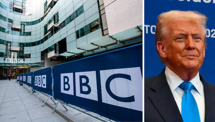 מימין  דונלד טראמפ ו מטה רשות השידור הבריטית BBC לונדון