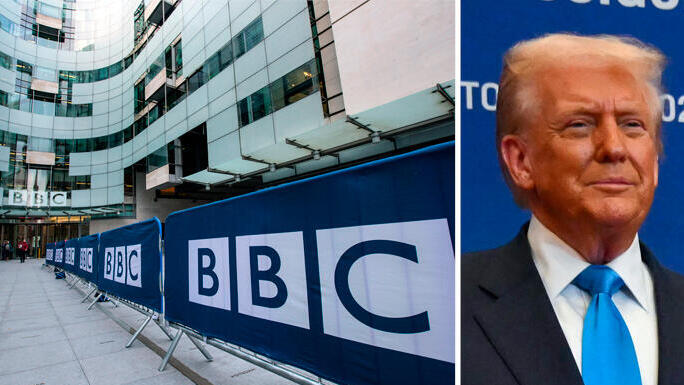 טראמפ ו-BBC. עוד התנצחות עם כלי תקשורת (צילומים: ANDREW CABALLERO-REYNOLDS / AFP גטי אימג'ס) מימין דונלד טראמפ ו מטה רשות השידור הבריטית BBC לונדון