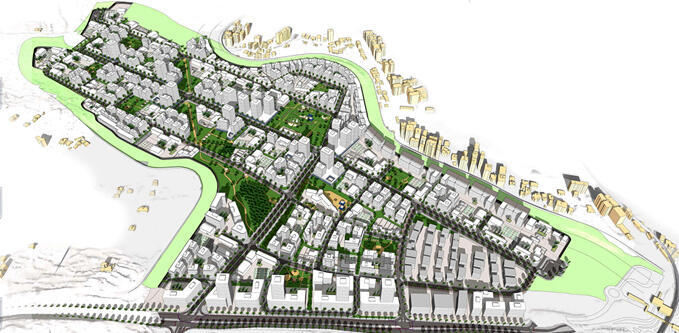 הדמיית התוכנית (הדמיה: יובל קדמון אדריכלים) הדמיית תוכנית שכונה חרדית אזור התעשייה עטרות מזרח ירושלים