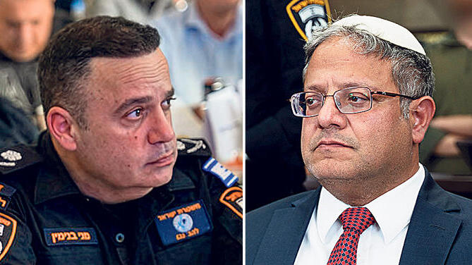 השר לביטחון לאומי איתמר בן גביר וניצב מני בנימין. בן גביר הקפיץ את בנימין בשתי דרגות בתוך שנה וחצי בלבד (צילום: דוברות משטרת ישראל) השר לביטחון לאומי איתמר בן גביר וניצב מני בנימין