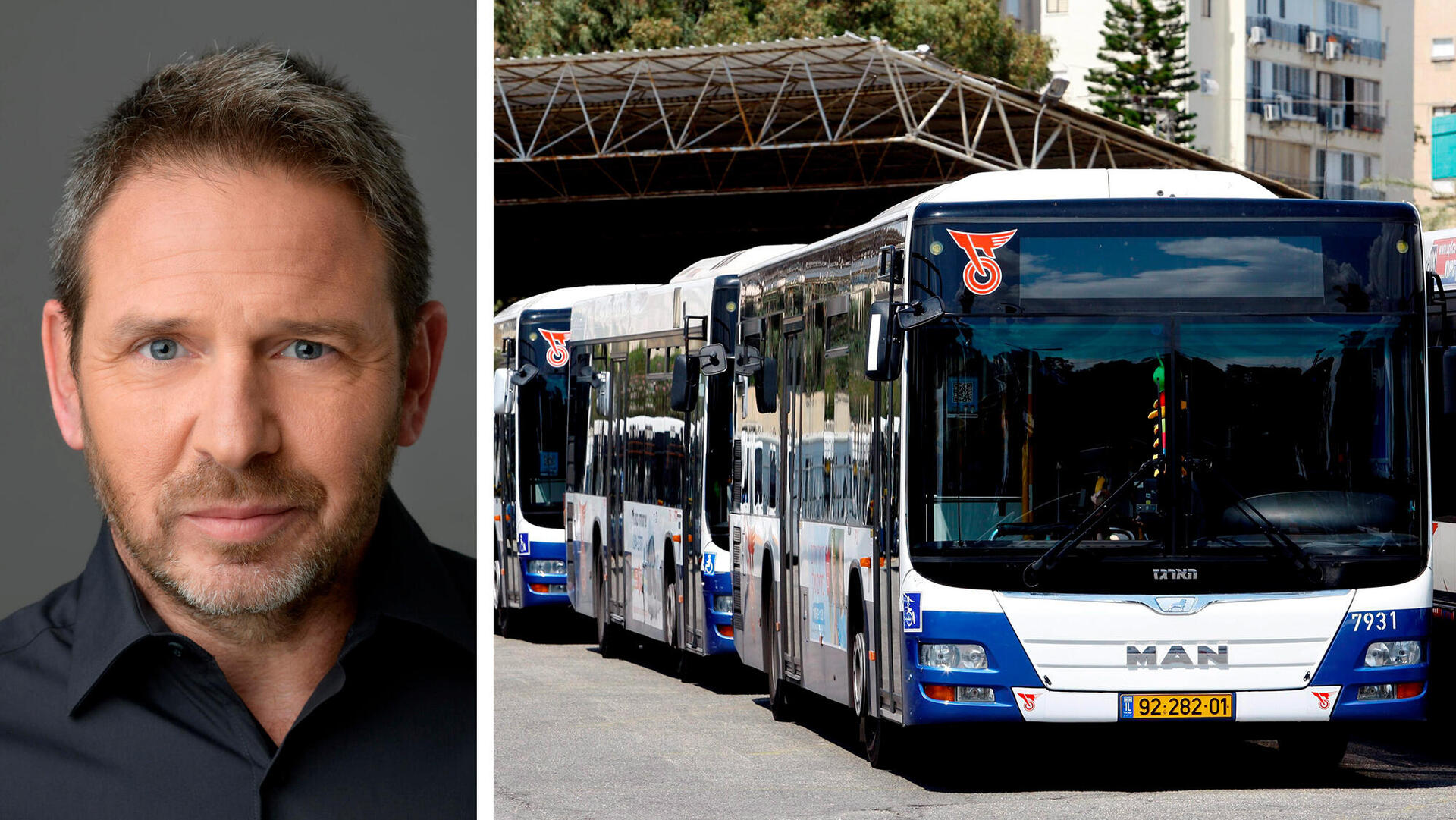 אופיר קרני מנכ"ל דן לצד אוטובוסים של חברת דן