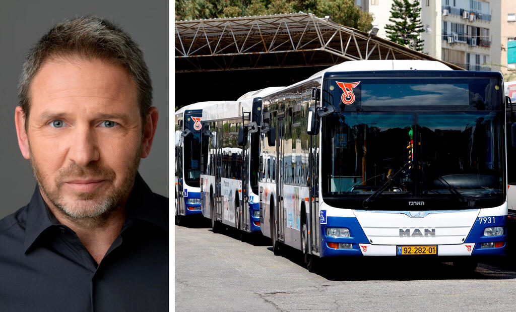 אופיר קרני מנכ"ל דן לצד אוטובוסים של חברת דן