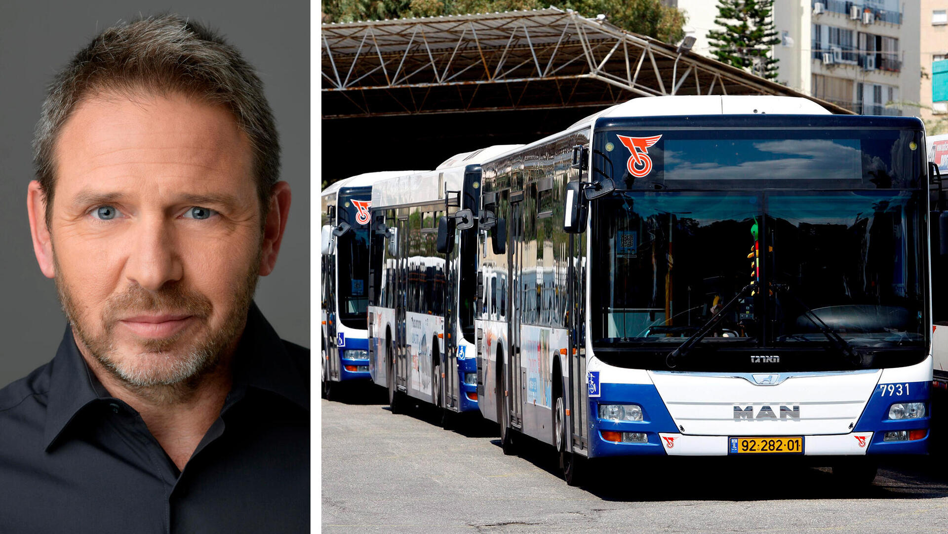 אופיר קרני מנכ"ל דן לצד אוטובוסים של חברת דן