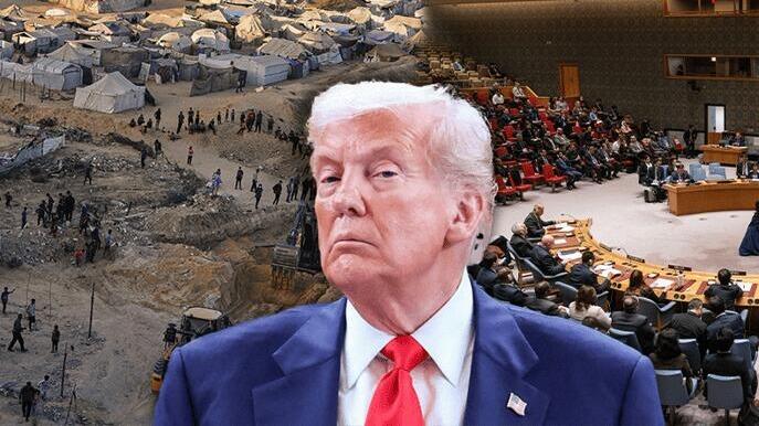 טראמפ על רקע מועצת הביטחון והריסות בעזה