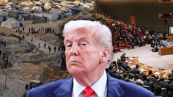 טראמפ על רקע מועצת הביטחון והריסות בעזה