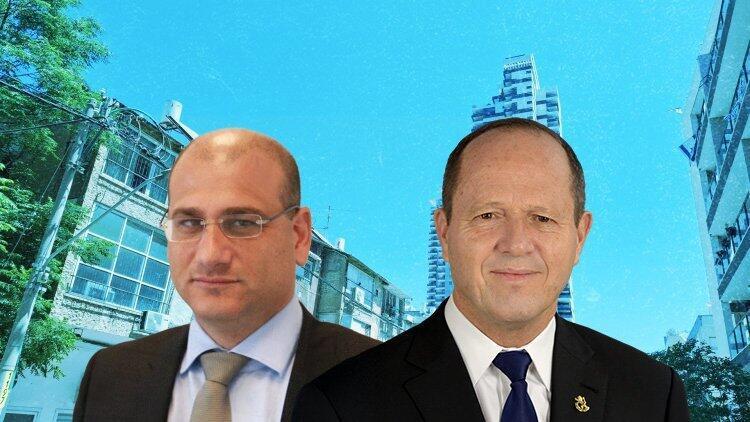 שר הכלכלה ניר ברקת ויו"ר מגוריט ארז רוזנבוך על רקע מגדל גפן טאוור בשכונת הגפן ברמת גן
