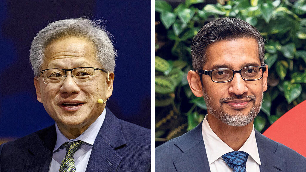 Nvidia CEO Jensen Huang<span style="font-weight: normal;">,</span> Google CEO Sundar Pichai (Photos: Damian Lemanski/Bloomberg, Ezra Acayan/Getty Images) מימין מנכ"ל גוגל סונדאר פיצ'אי ונשיא ומנכ"ל אנבידיה ג'נסן הואנג