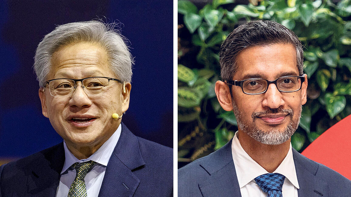 מימין מנכ"ל גוגל סונדאר פיצ'אי ונשיא ומנכ"ל אנבידיה ג'נסן הואנג