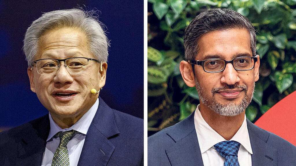 מימין: מנכ"ל גוגל סונדאר פיצ'אי ומנכ"ל אנבידיה ג'נסן הואנג (צילומים: Damian Lemanski/Bloomberg, Ezra Acayan/Getty Images) מימין מנכ"ל גוגל סונדאר פיצ'אי ונשיא ומנכ"ל אנבידיה ג'נסן הואנג