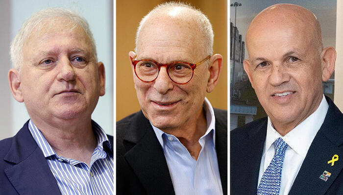 מימין אלי גליקמן מנכ"ל צים רמי אונגר שניסו לרכוש את צים ו יאיר סרוסי יו"ר הדירקטוריון