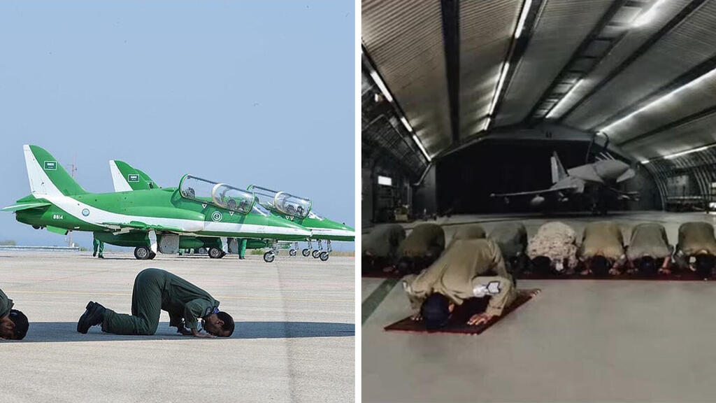 טייסי סעודיה וצוותי קרקע מתפללים לצד המטוסים שלהם (צילום: RSAF) הקברניט מטוס קרב סעודיה 9