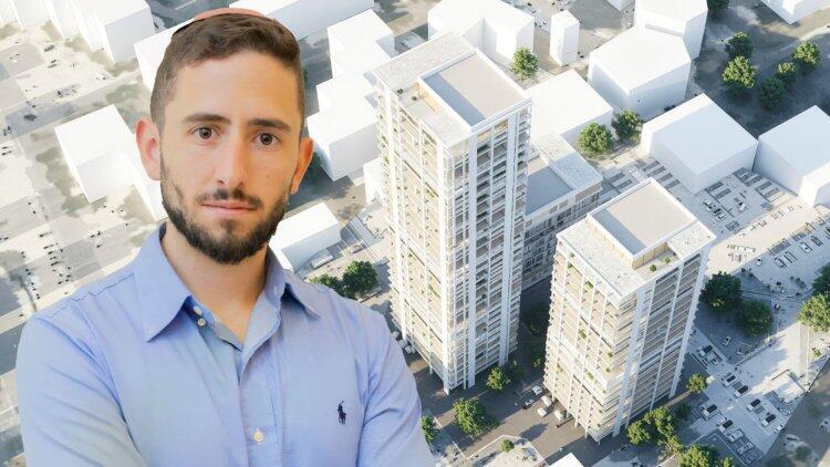 גיל ויצמן מנהל תחום התחדשות ב דונה על רקע הדמיית הפרויקט בראשל"צ