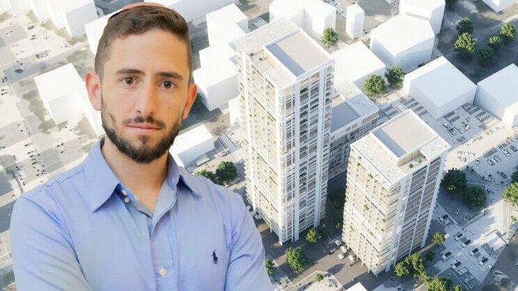 גיל ויצמן מנהל תחום התחדשות ב דונה על רקע הדמיית הפרויקט בראשל"צ