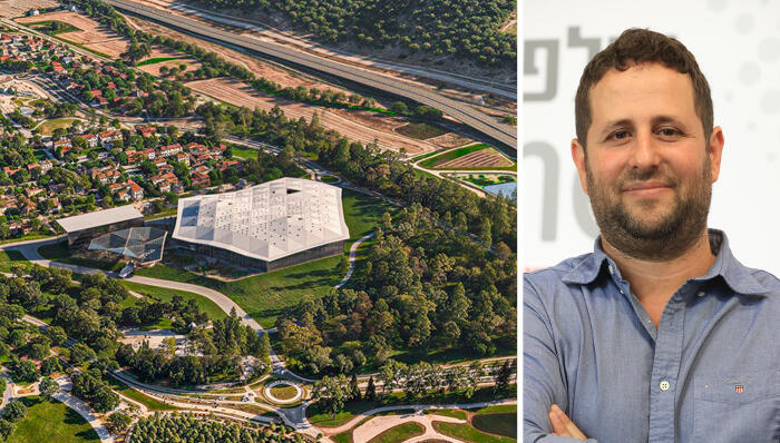 ראש מועצת קריית טבעון עידו גרינבלום לצד הדמיית קמפוס אנבידיה ביישוב. "בעוד 10 שנים המבנה יהיה מזוהה עם היישוב" (צילומים: אלעד גרשגורן באדיבות אנבידיה) מימין ראש מועצת קריית טבעות עידו גרינבלום ו הדמיה מרכז הפיתוח של אנבידיה ב קרית טבעון