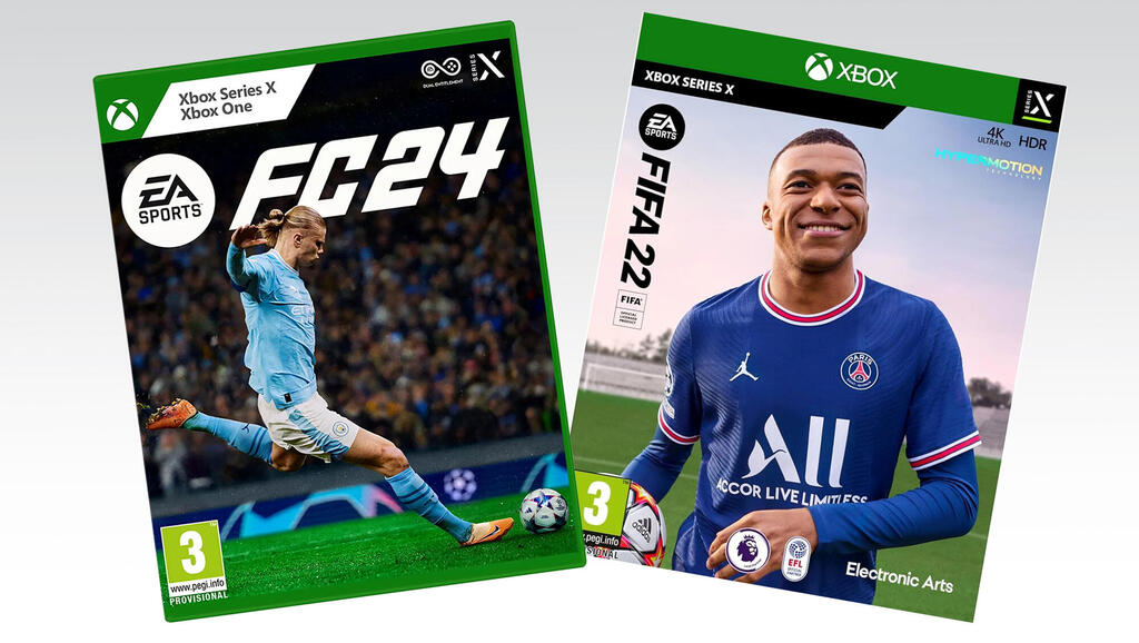 מימין עטיפת פיפ”א האחרונה מ 2022 עם קיליאן אמבפה ו ארלינג האלנד במשחק המתחרה EA Sports FC