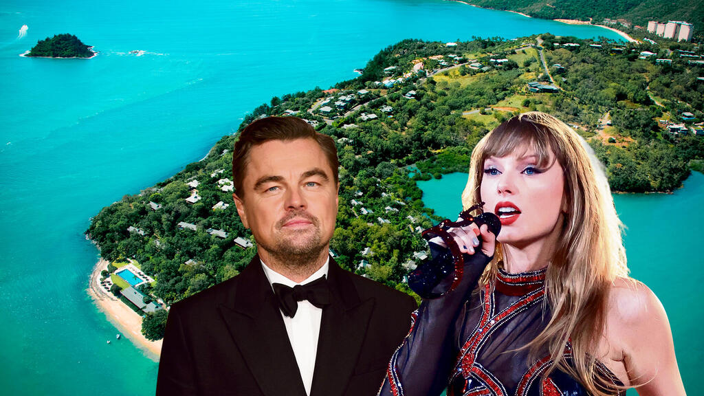 מימין טיילור סוויפט לאונרדו דיקפריו על רקע המילטון איילנד בלקסטון