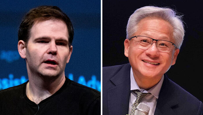 ג'נסן הואנג מנכ"ל אנבידיה וג'ונתן רוס מנכ"ל גרוק. לא רוצה לבזבז את הכסף על עורכי דין (צילומים: AP/ Lee Jin-man ,David Paul Morris/Bloomberg) ג'נסן הואנג מנכל אנבידיה ו ג'ונתן רוס מנכ"ל גרוק