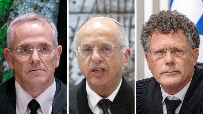מימין נשיא העליון יצחק עמית ושופטי בג"צ נעם סולברג ו דוד מינץ