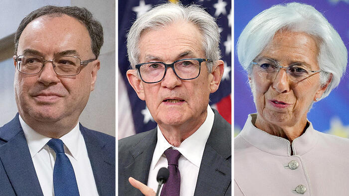 מימין כריסטין לגארד נשיאת הבנק האירופי המרכזי ECB ג'רום פאוול יו"ר הפד ו אנדרו ביילי נגיד הבנק המרכזי של אנגליה