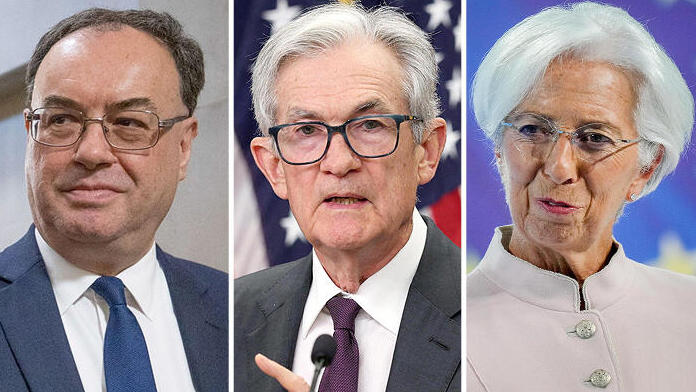 מימין כריסטין לגארד נשיאת הבנק האירופי המרכזי ECB ג'רום פאוול יו"ר הפד ו אנדרו ביילי נגיד הבנק המרכזי של אנגליה