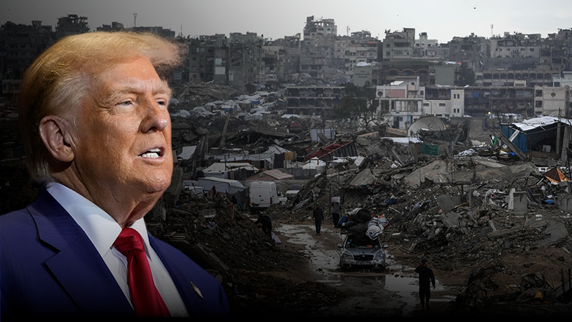 נשיא ארה"ב דונלד טראמפ וברקע הריסות ב רצועת עזה