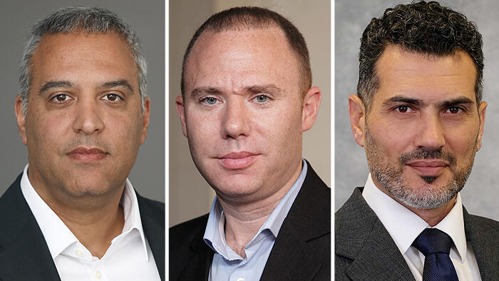 מימין ניר עובדיה מכלל ביטוח ברק בנסקי מכלל ביטוח ו ליאור יוחפז ממנורה מבטחים