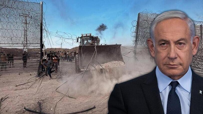 ראש הממשלה בנימין נתניהו, לצד תיעוד פריצת הגדר בעזה ב-7 באוקטובר