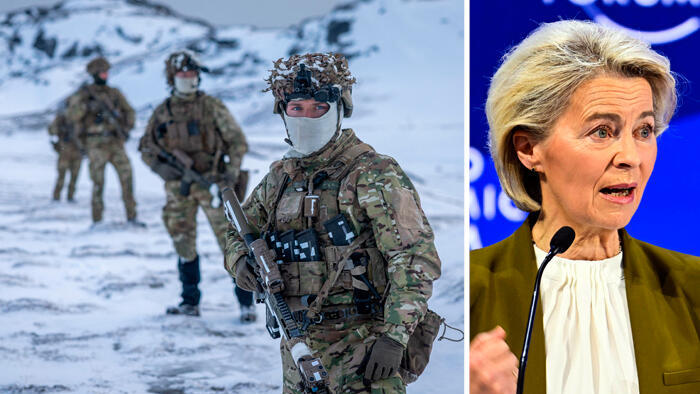 מימין נשיאת הנציבות האירופית אורסולה פון דר ליין ו חייל צבא דנמרק אתמול בגרילנד