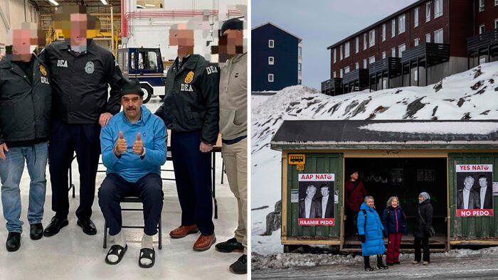 מימין שילוט נגד טראמפ בגרינלנד ומעצרו של ניקולס מדורו