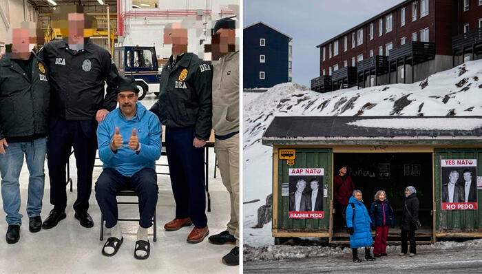 מימין שילוט נגד טראמפ בגרינלנד ומעצרו של ניקולס מדורו