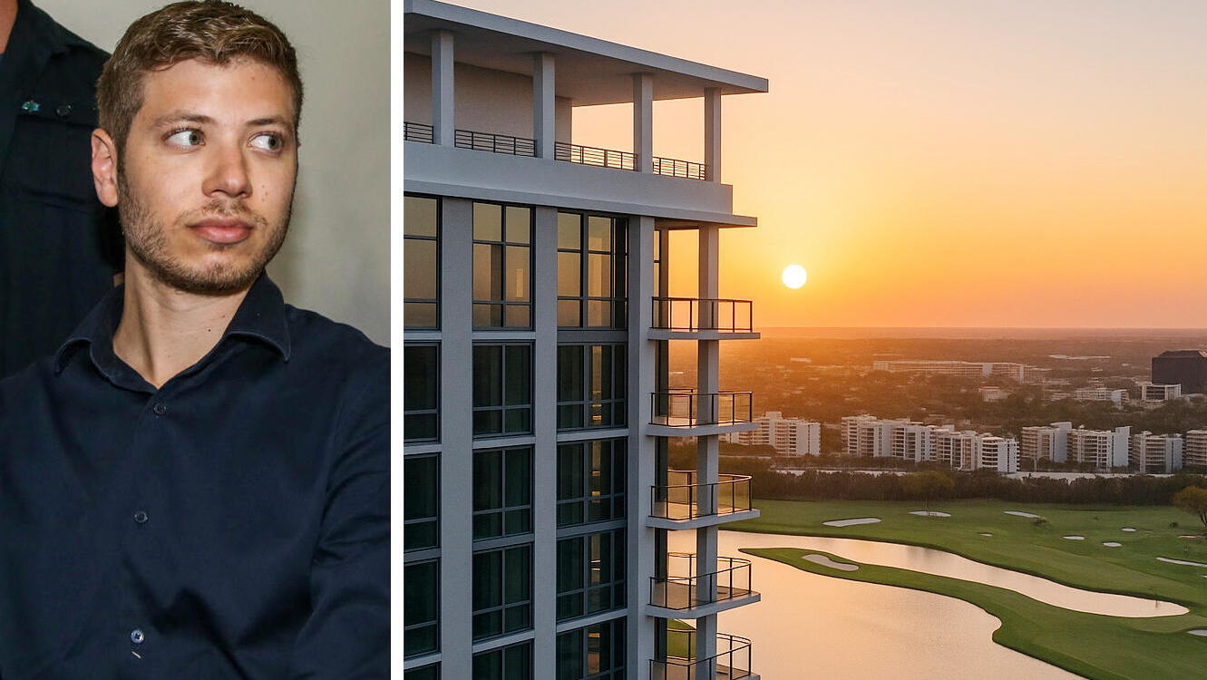 יאיר נתניהו לצד הדמיית מגדל היוקרה מונדריאן ב מיאמי