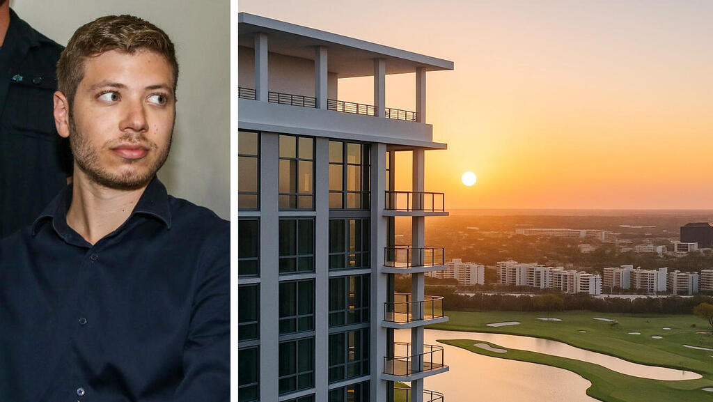 יאיר נתניהו לצד הדמיית מגדל היוקרה מונדריאן במיאמי (צילום: יריב כץ הדמיה: courtesy of PPG Development) יאיר נתניהו לצד הדמיית מגדל היוקרה מונדריאן ב מיאמי