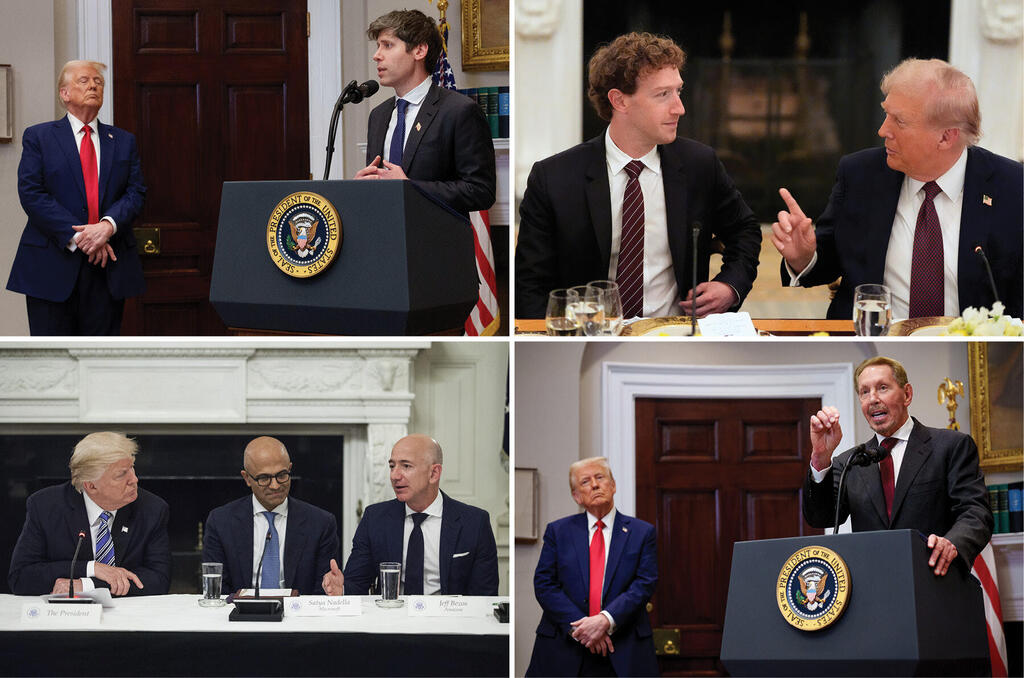 מימין למעלה בכיוון השעון: טראמפ עם צוקרברג, עם אליסון, עם סאטיה ובזוס, ועם אלטמן. ברוני הטק מונעים מרצונם להרוויח יותר כסף ומחששותיהם מזעמו של אדם נוטר ונוקם שמחזיק בידיו את הכוח הרב ביותר בעולם