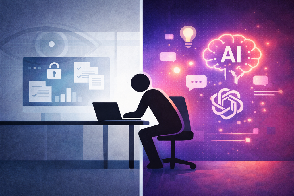 A stick-figure worker at a desk, split between a muted corporate environment with a subtle surveillance eye on the left and a colorful, glowing AI interface on the right, representing the tension between workplace monitoring and the appeal of public AI tools.