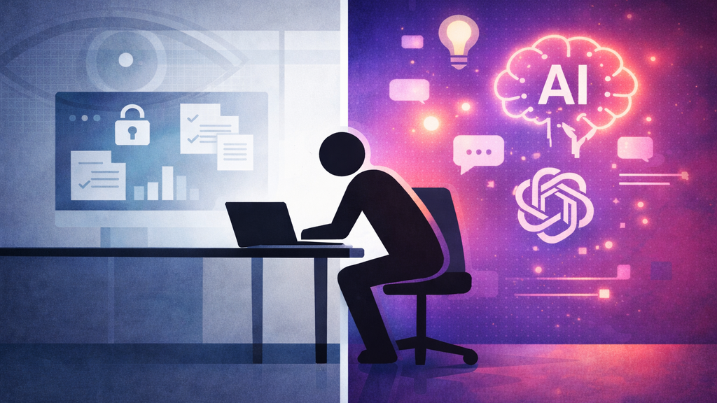 A stick-figure worker at a desk, split between a muted corporate environment with a subtle surveillance eye on the left and a colorful, glowing AI interface on the right, representing the tension between workplace monitoring and the appeal of public AI tools.