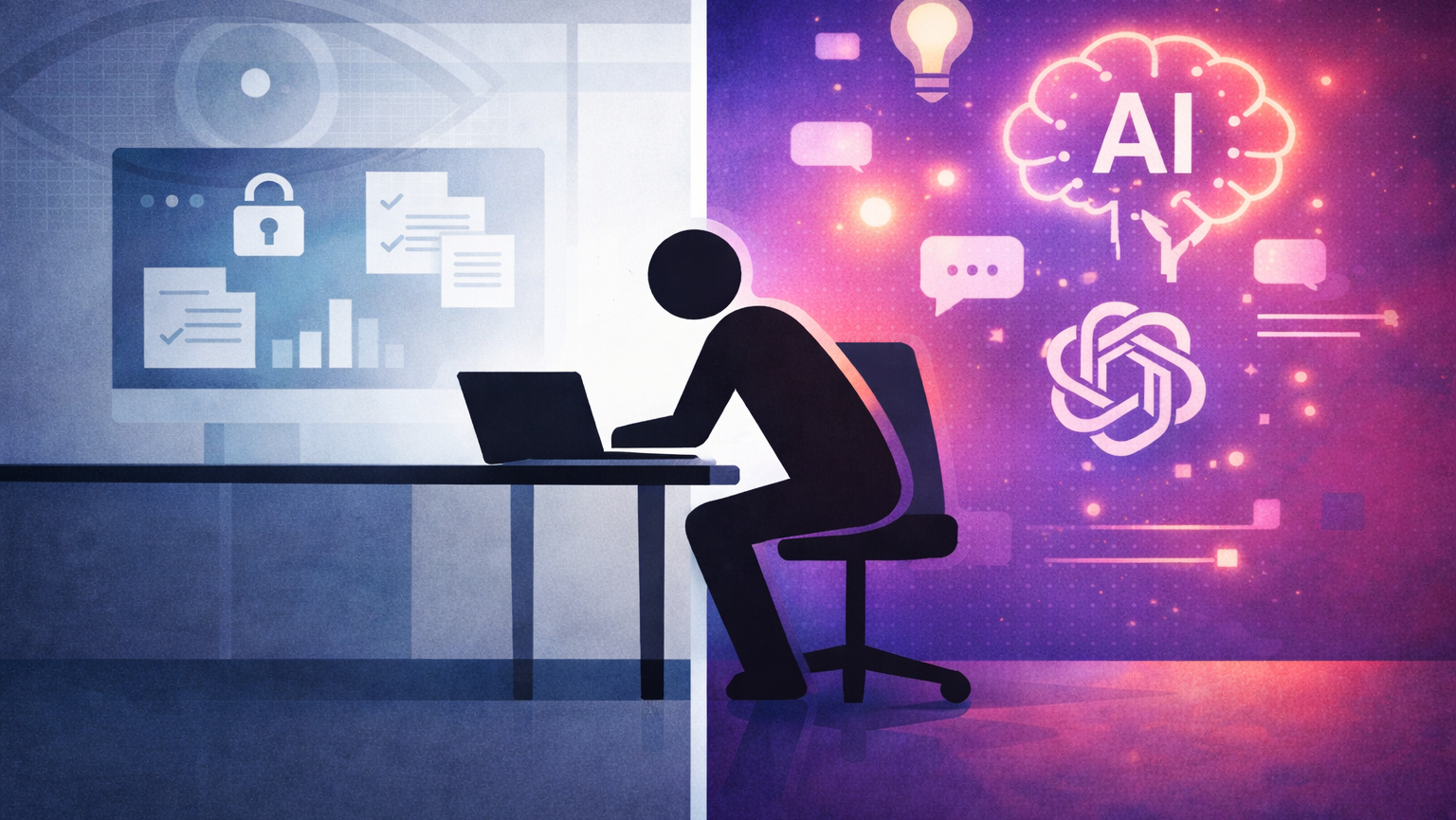 A stick-figure worker at a desk, split between a muted corporate environment with a subtle surveillance eye on the left and a colorful, glowing AI interface on the right, representing the tension between workplace monitoring and the appeal of public AI tools.
