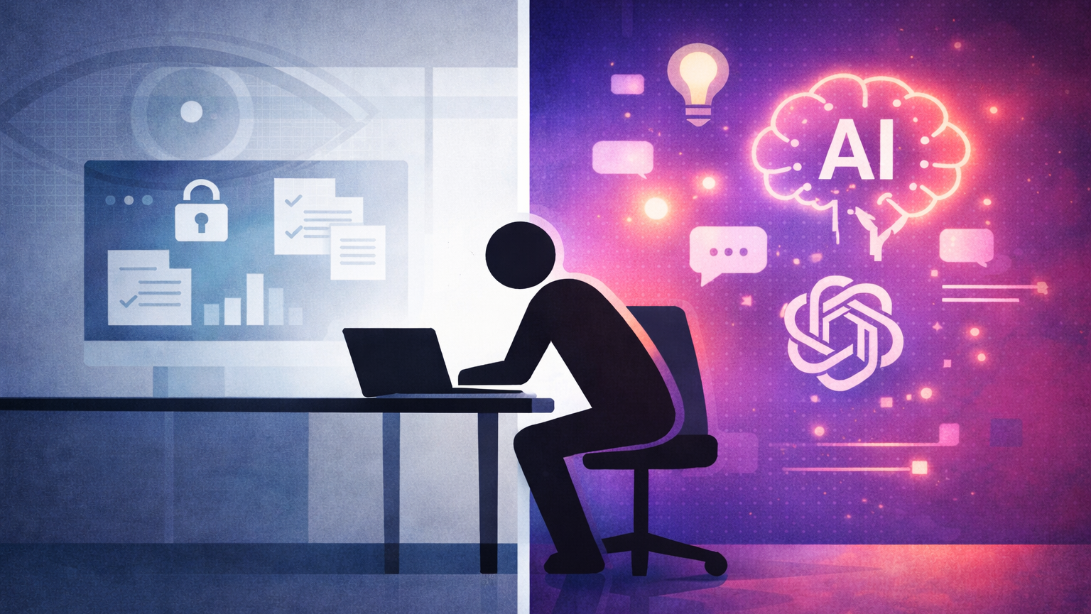 A stick-figure worker at a desk, split between a muted corporate environment with a subtle surveillance eye on the left and a colorful, glowing AI interface on the right, representing the tension between workplace monitoring and the appeal of public AI tools.