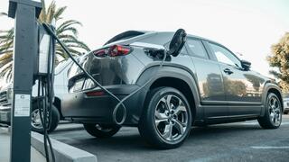 An electric car at a charging station. 
